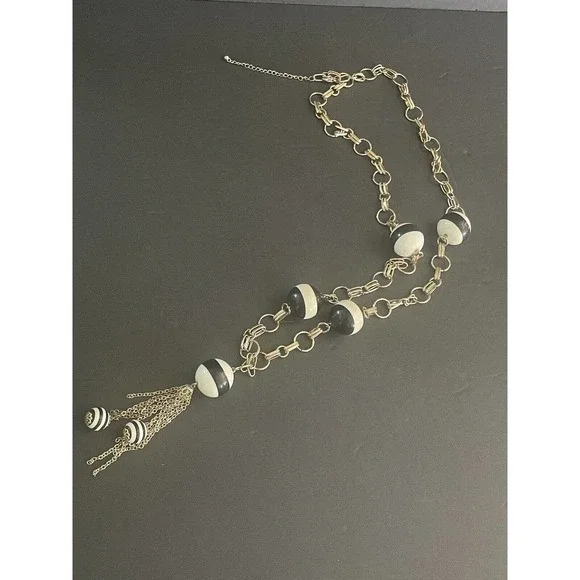 MCM VINTAGE ART DECO BLACK WHITE STRIPED BEAD RETRO TASSEL NECKLACE 36” - Picture 1 of 9